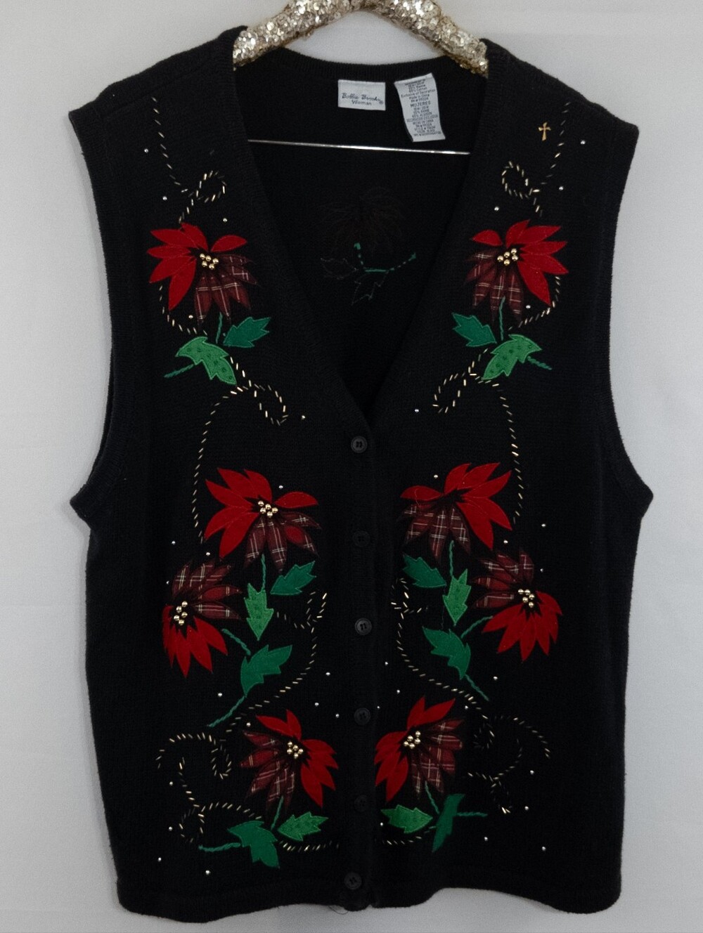 Vintage 90s Bobbie Brooks Black Christmas Sweater Vest Poinsettia Plaid Sz 18w